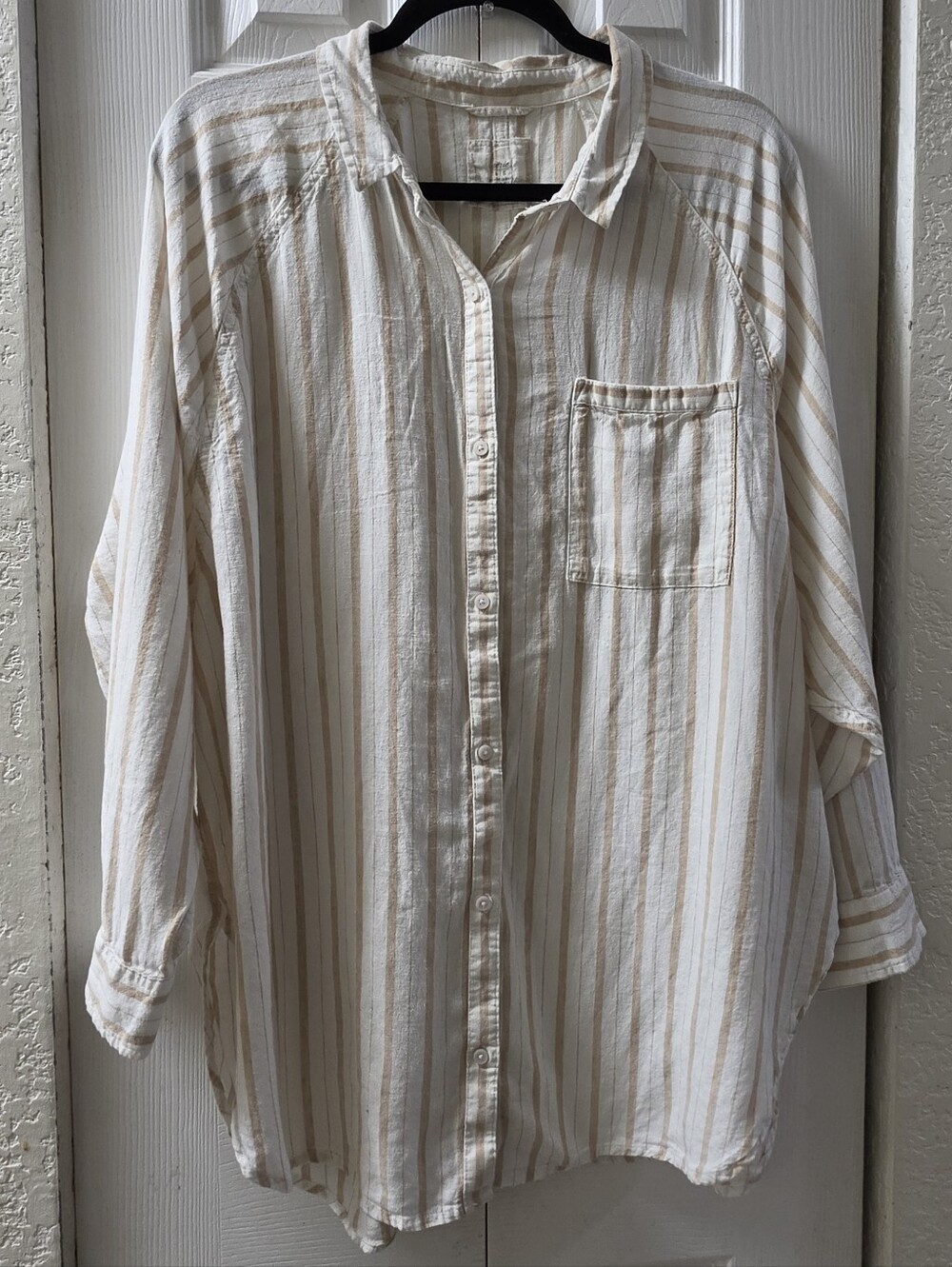 aerie Oversized Cream and Beige Striped Button-up Shirt L
